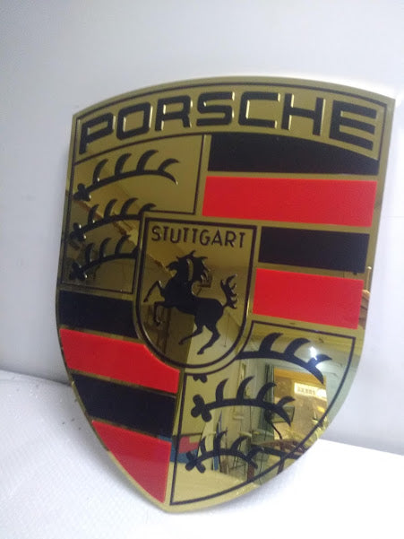 Porsche logo metal sign, garage decor, stainless steel, durable for outdoor use, easy installation, custom garage decor.