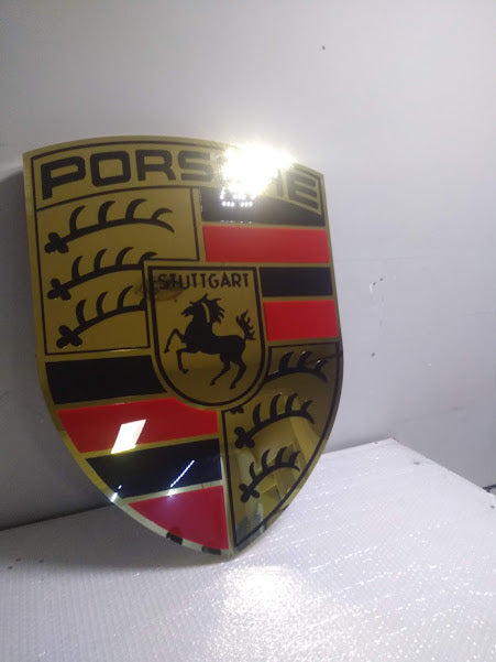 Porsche logo metal sign, garage decor, stainless steel, durable for outdoor use, easy installation, custom garage decor.