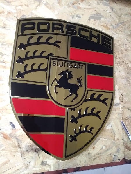 Porsche logo metal sign, garage decor, stainless steel, durable for outdoor use, easy installation, custom garage decor.