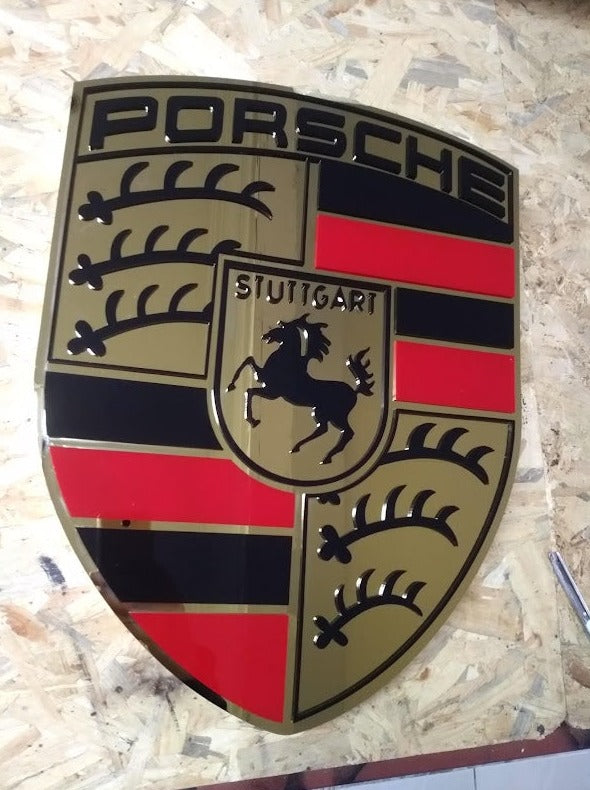 Porsche logo metal sign, garage decor, stainless steel, durable for outdoor use, easy installation, custom garage decor.