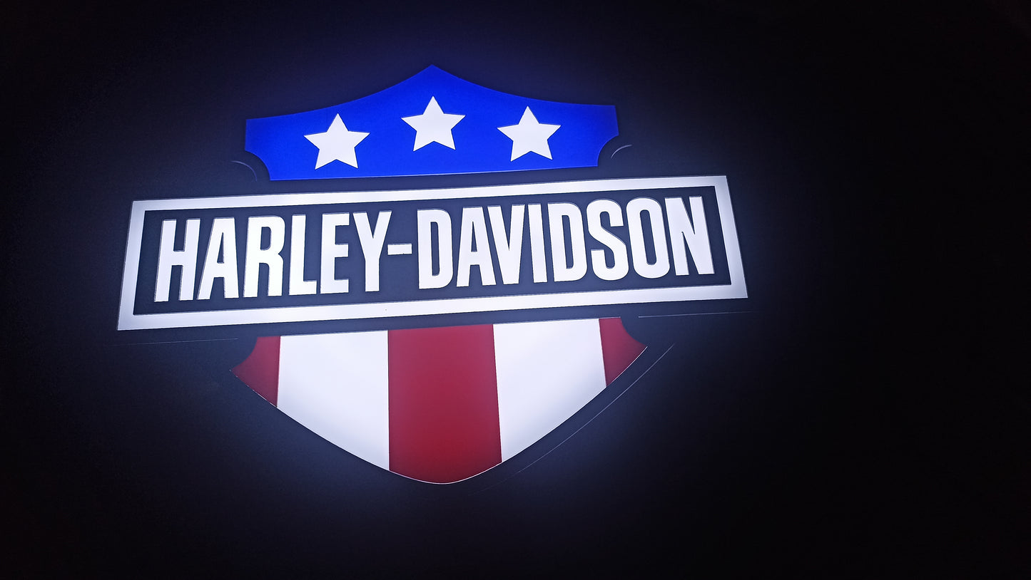 Harley-Davidson LED logo sign with American flag for garage and man cave decor