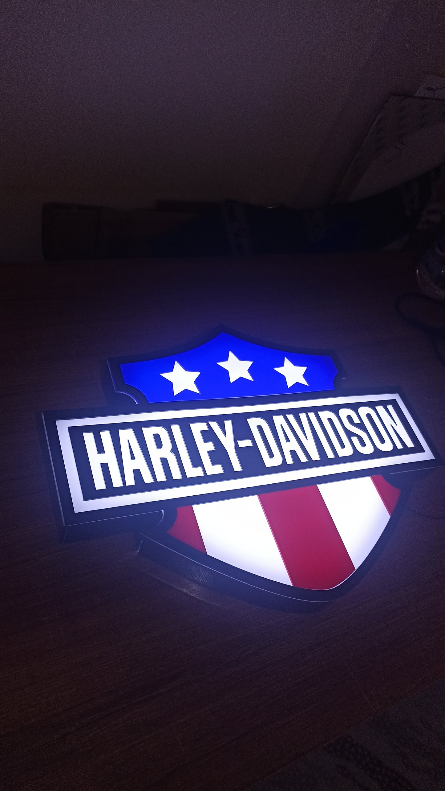 Harley-Davidson LED logo sign with American flag for garage and man cave decor