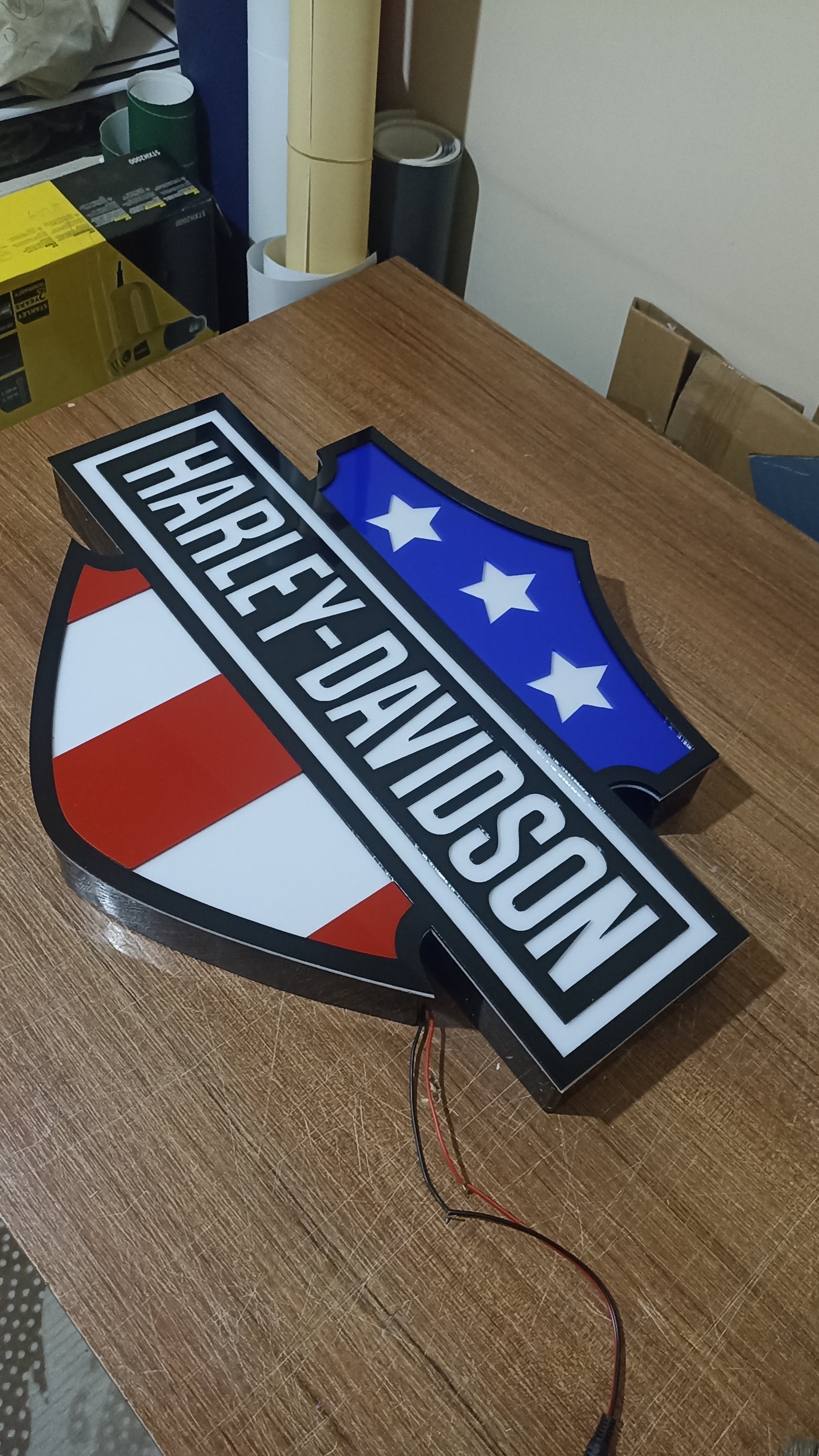 Harley-Davidson LED logo sign with American flag for garage and man cave decor