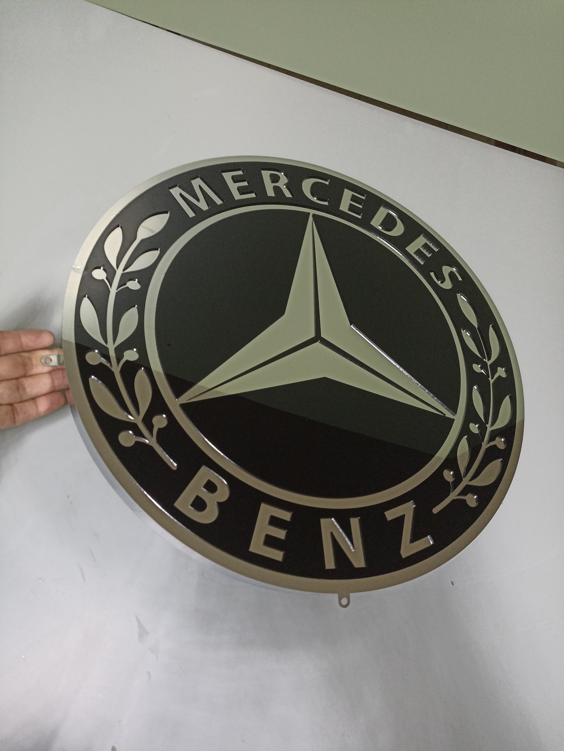 Mercedes logo metal sign, wall decor, stainless steel, durable for outdoor use, easy installation, custom garage decor