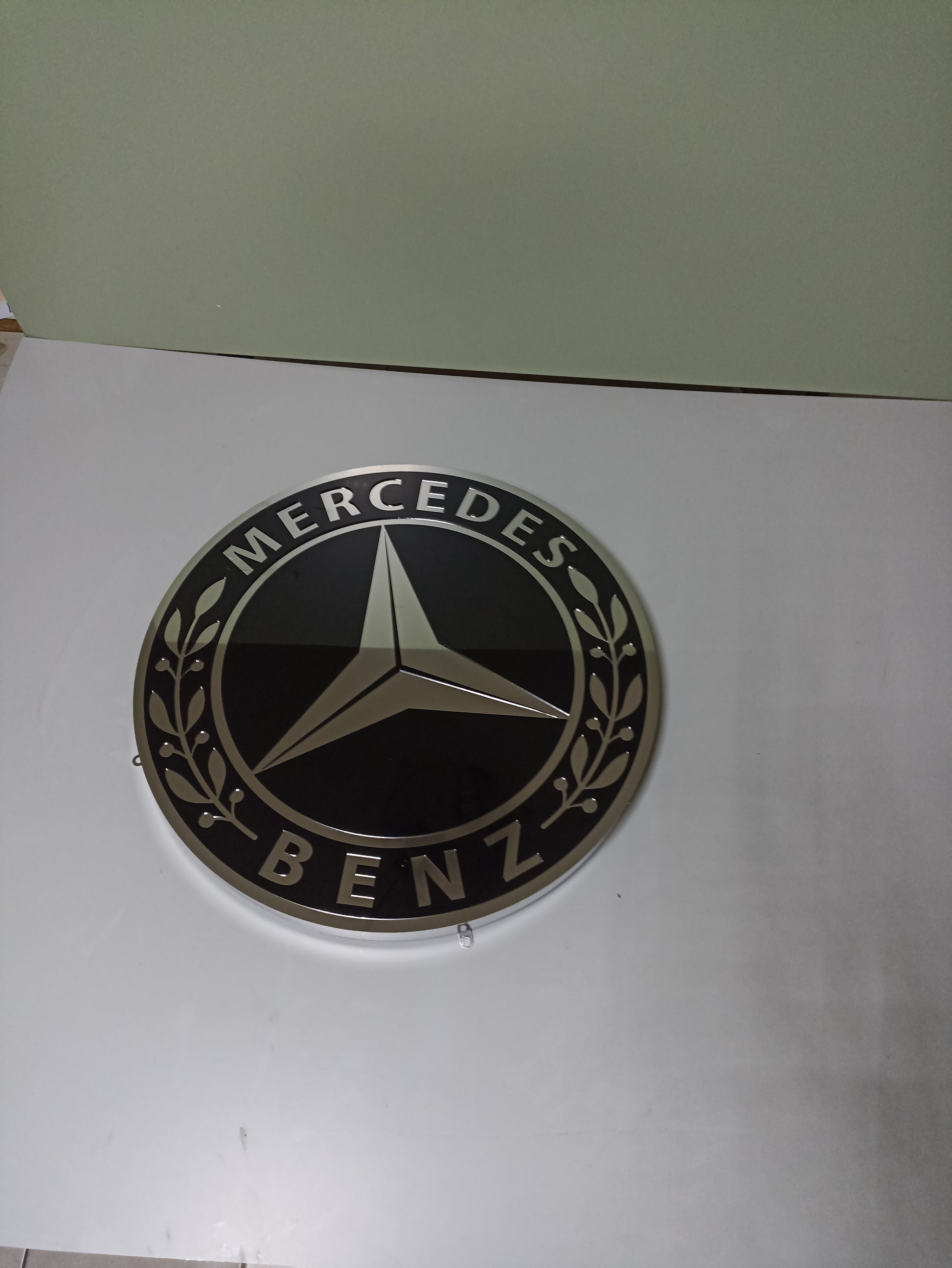 Mercedes logo metal sign, wall decor, stainless steel, durable for outdoor use, easy installation, custom garage decor