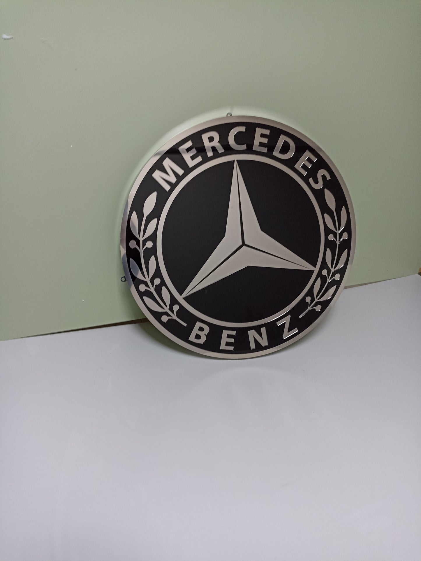 Mercedes logo metal sign, wall decor, stainless steel, durable for outdoor use, easy installation, custom garage decor