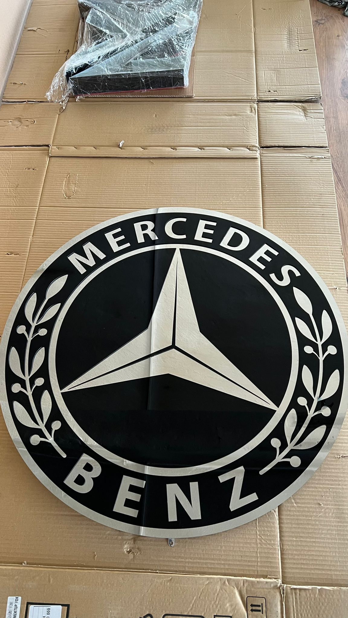 Mercedes logo metal sign, wall decor, stainless steel, durable for outdoor use, easy installation, custom garage decor