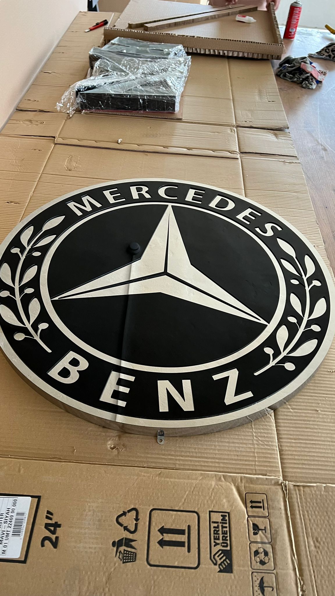 Mercedes logo metal sign, wall decor, stainless steel, durable for outdoor use, easy installation, custom garage decor