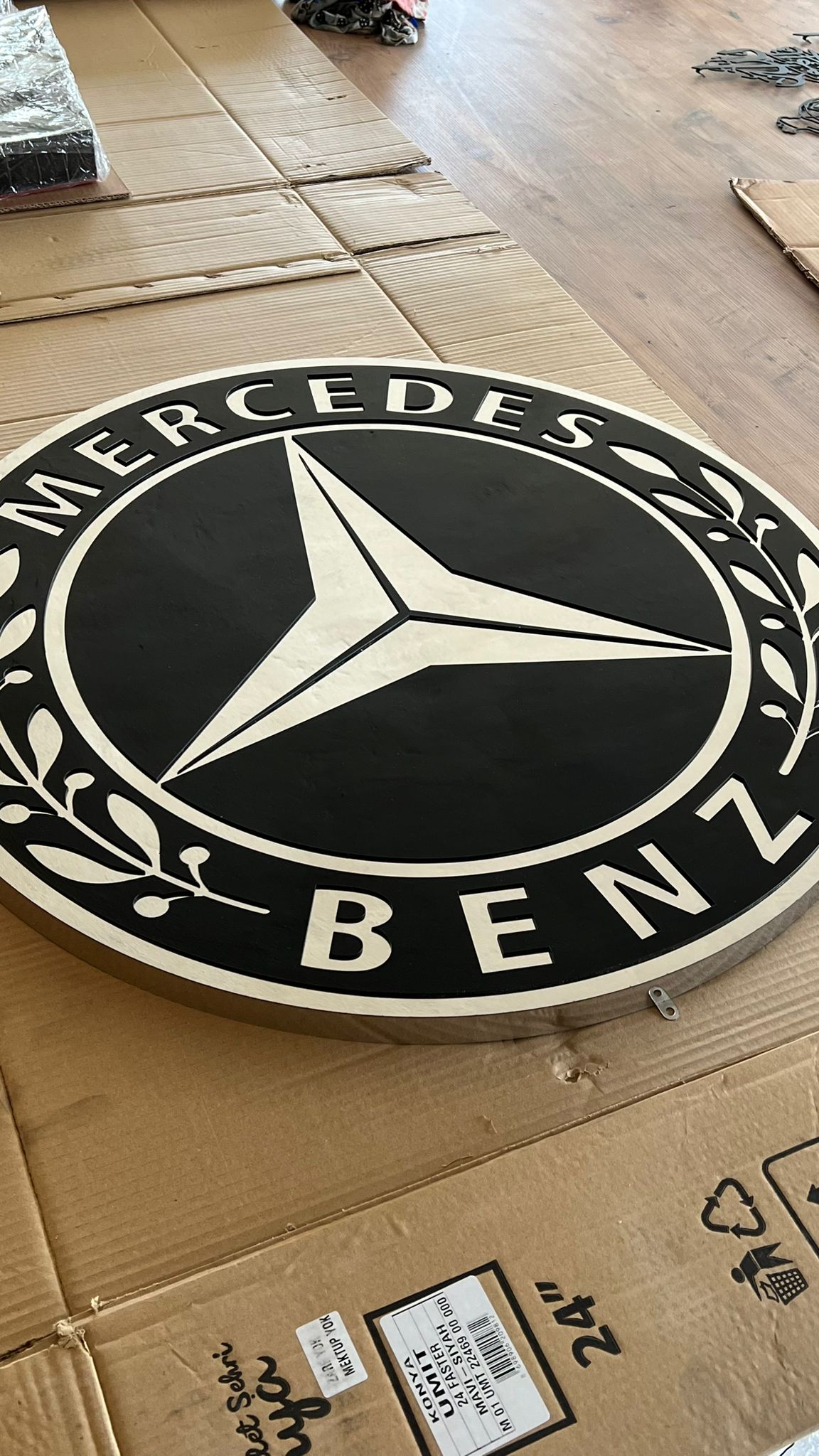 Mercedes logo metal sign, wall decor, stainless steel, durable for outdoor use, easy installation, custom garage decor