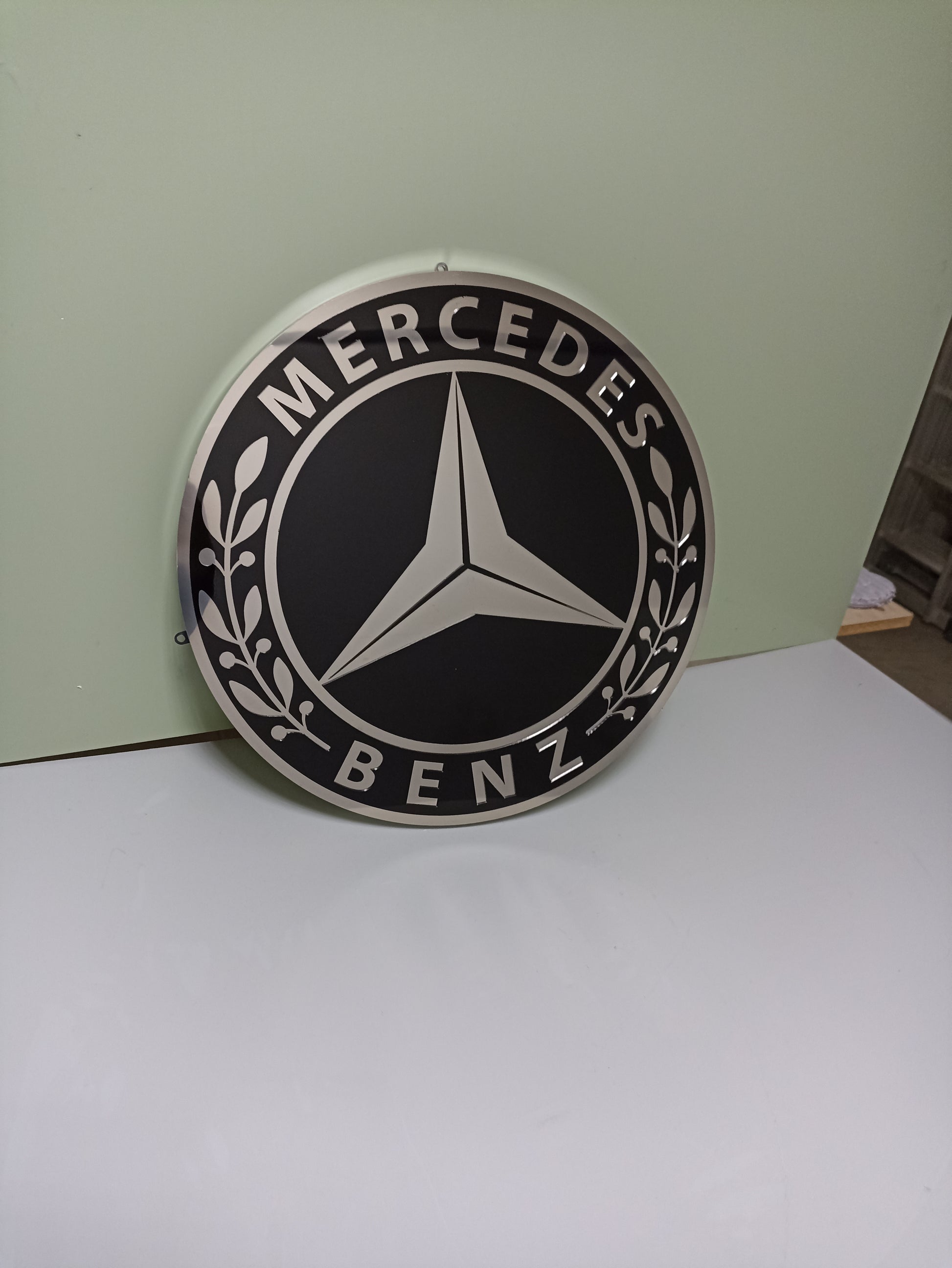 Mercedes logo metal sign, wall decor, stainless steel, durable for outdoor use, easy installation, custom garage decor