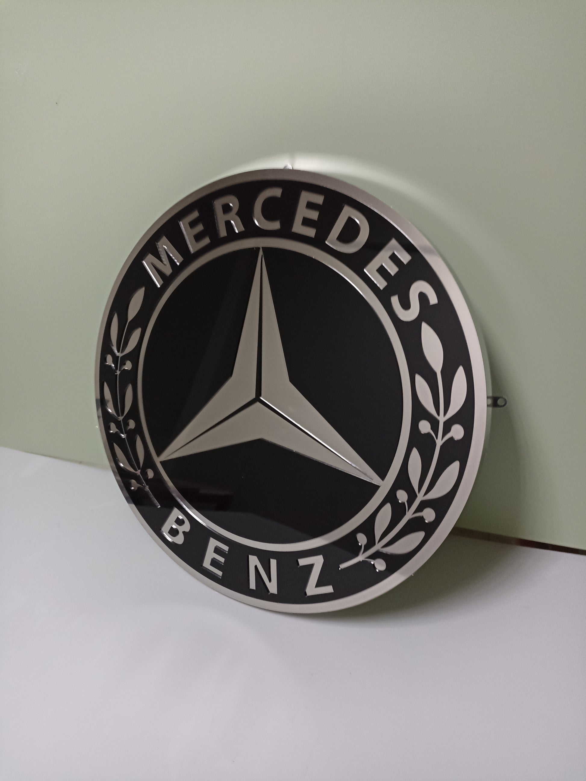 Mercedes logo metal sign, wall decor, stainless steel, durable for outdoor use, easy installation, custom garage decor