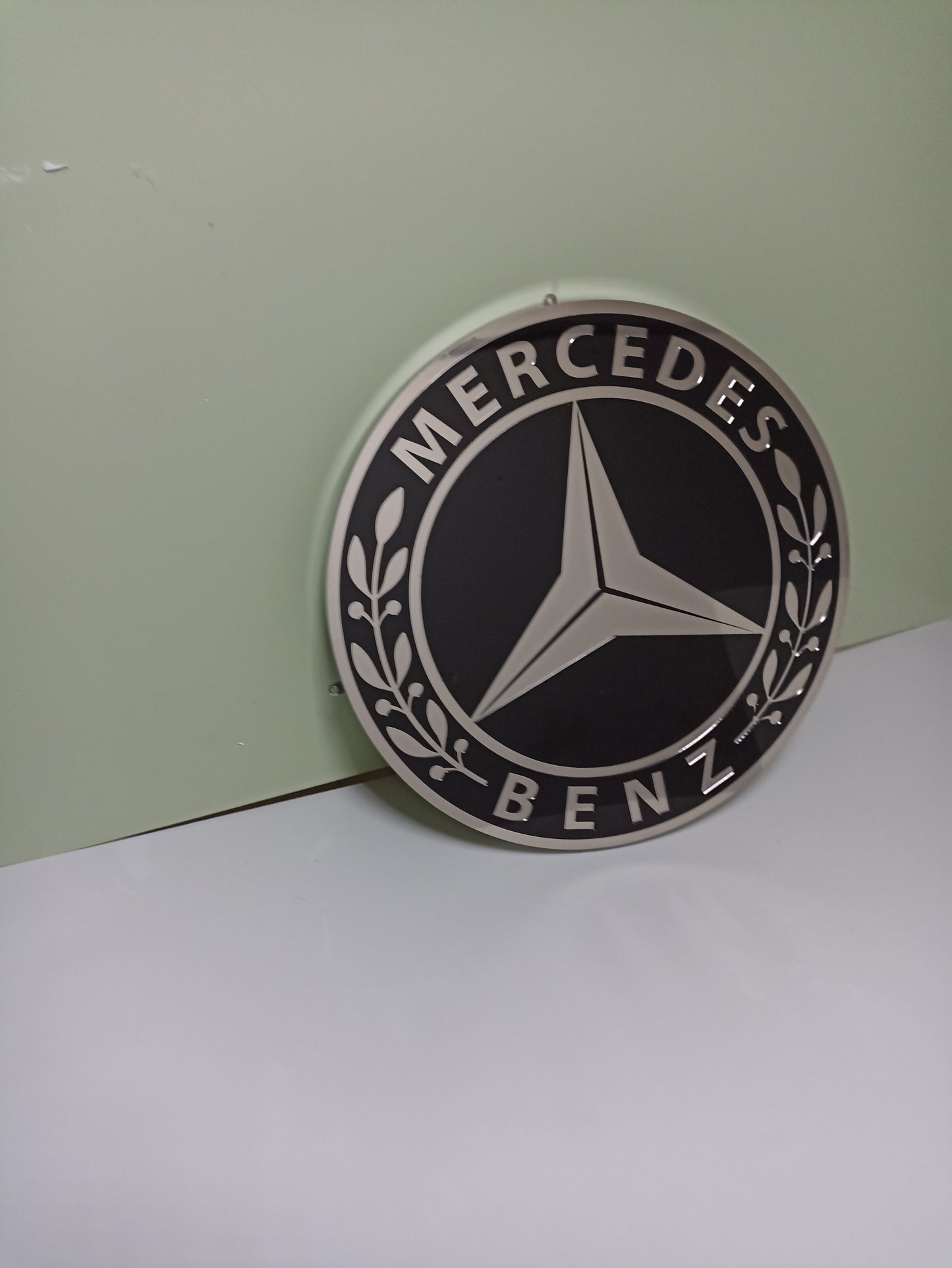 Mercedes logo metal sign, wall decor, stainless steel, durable for outdoor use, easy installation, custom garage decor