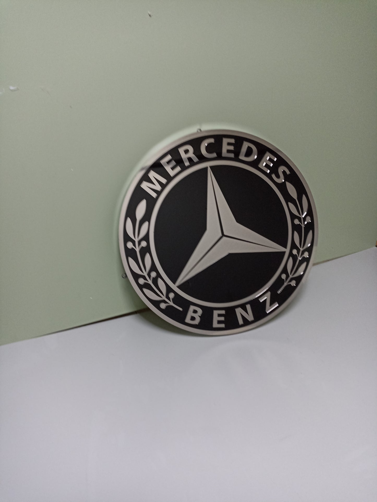 Mercedes logo metal sign, wall decor, stainless steel, durable for outdoor use, easy installation, custom garage decor