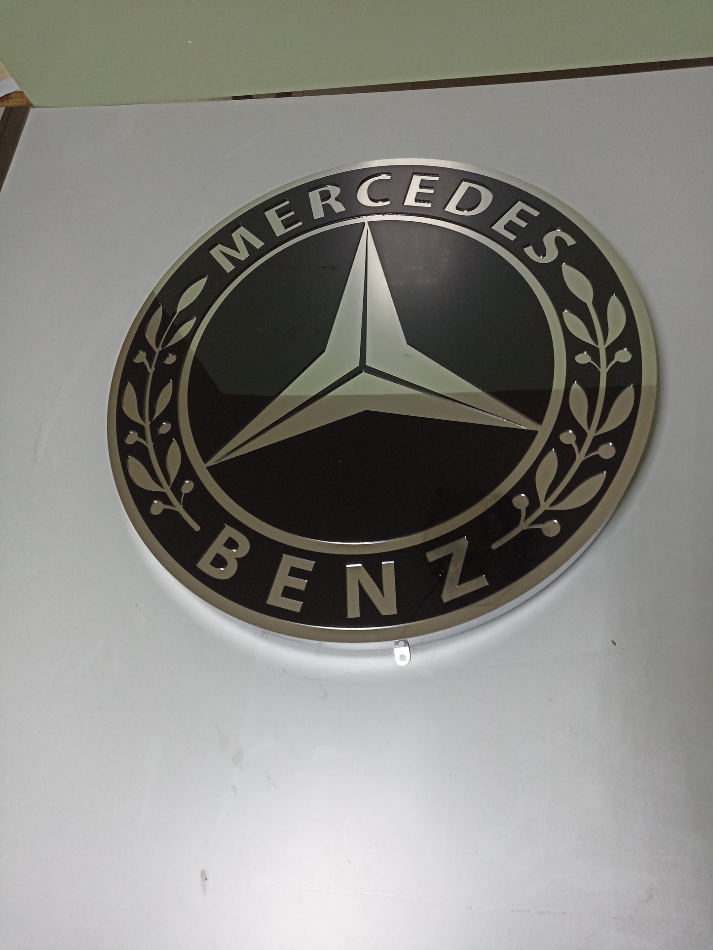 Mercedes logo metal sign, wall decor, stainless steel, durable for outdoor use, easy installation, custom garage decor